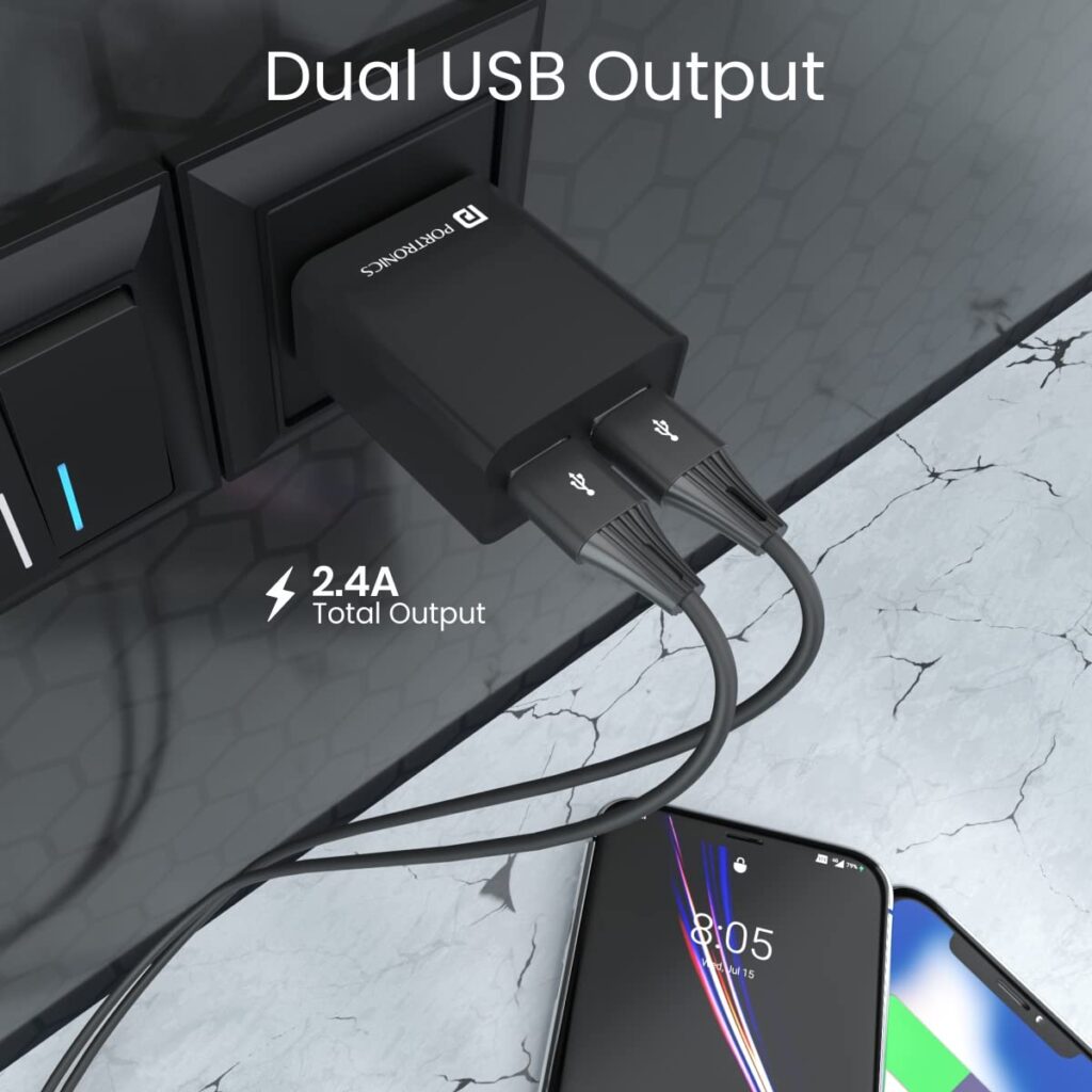 Discover the ultimate convenience with the Portronics Adapto 66 Dual USB Port Wall Charger. Charge two devices simultaneously with 2.4A fast charging, and enjoy unparalleled safety features. Perfect for all your devices!