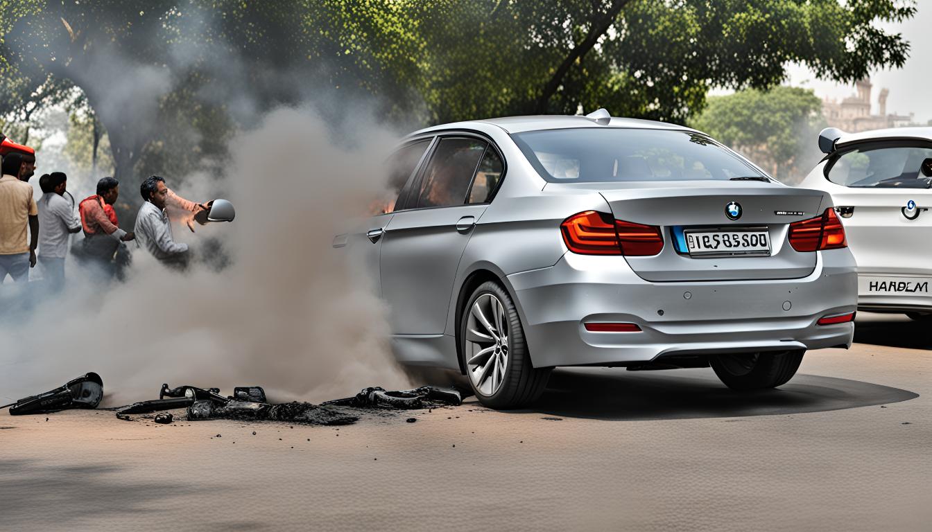 A BMW caught fire on a busy road in Hyderabad's Jubilee Hills area, causing a traffic jam. Fortunately, no injuries were reported as the occupants escaped safely. Authorities are investigating the cause of the fire.