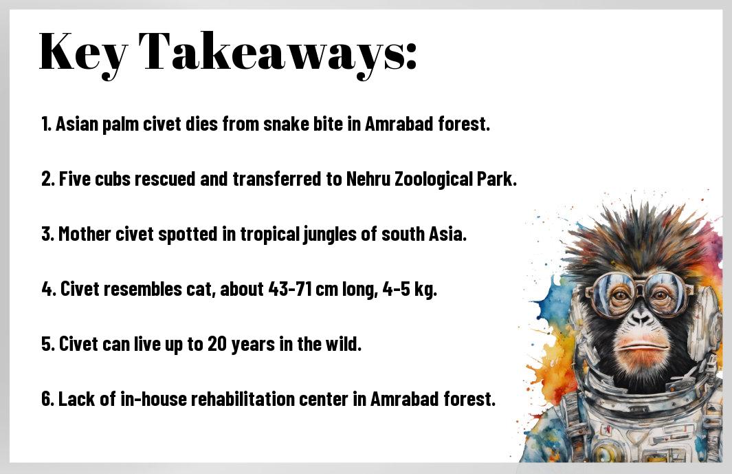 Heartbreaking news from Amrabad Forest: An Asian palm civet was found dead due to a snake bite, leaving behind five cubs now safely transferred to Nehru Zoological Park. Learn more about this rare species and their rescue.