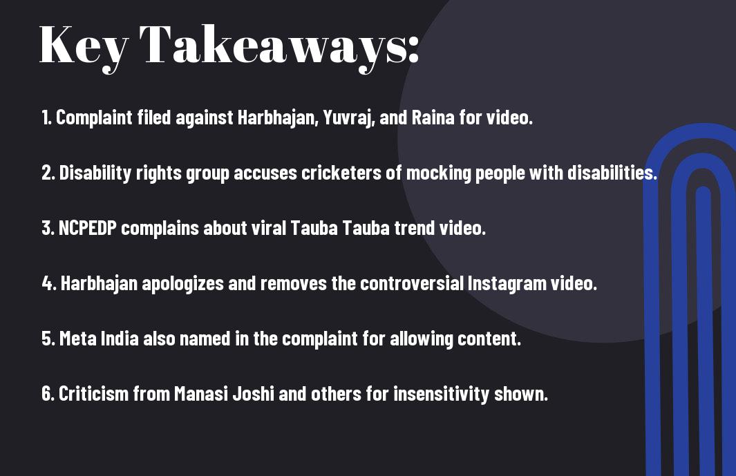 Harbhajan Singh, Yuvraj Singh, and Suresh Raina face backlash as a disability rights group files a complaint over their 'Tauba Tauba' video. Find out why their viral video sparked controversy.