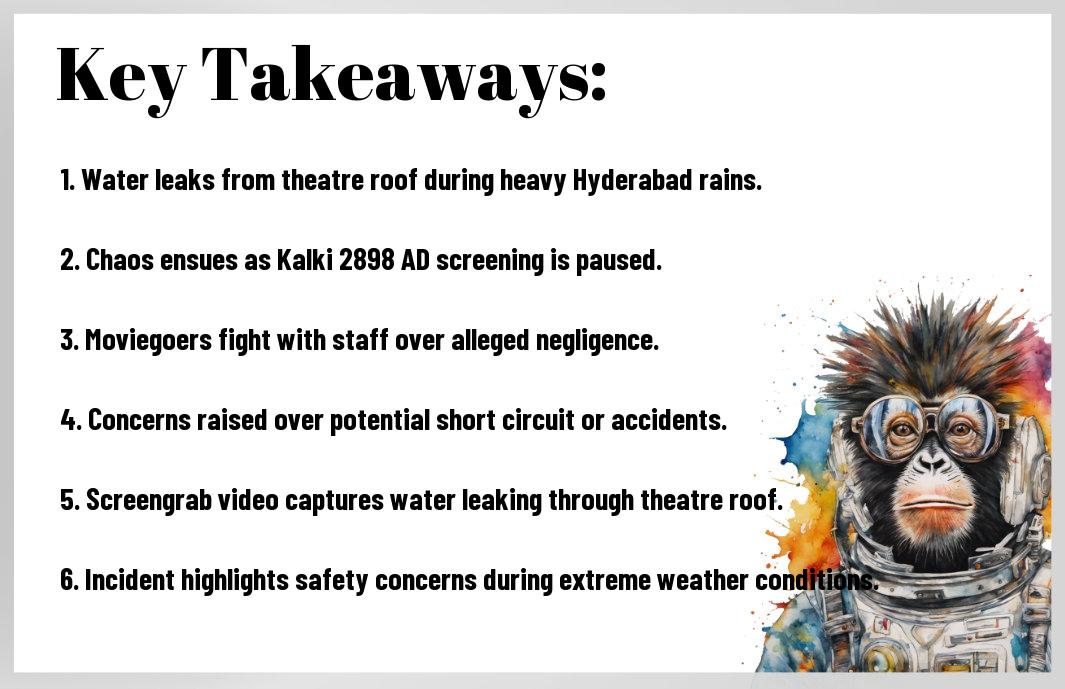 Drama unfolds at a Punjagutta multiplex as heavy rains cause water leaks from the roof, halting the screening of Kalki 2898 AD. Angry moviegoers clash with theater staff, raising safety concerns. Read the full story here.